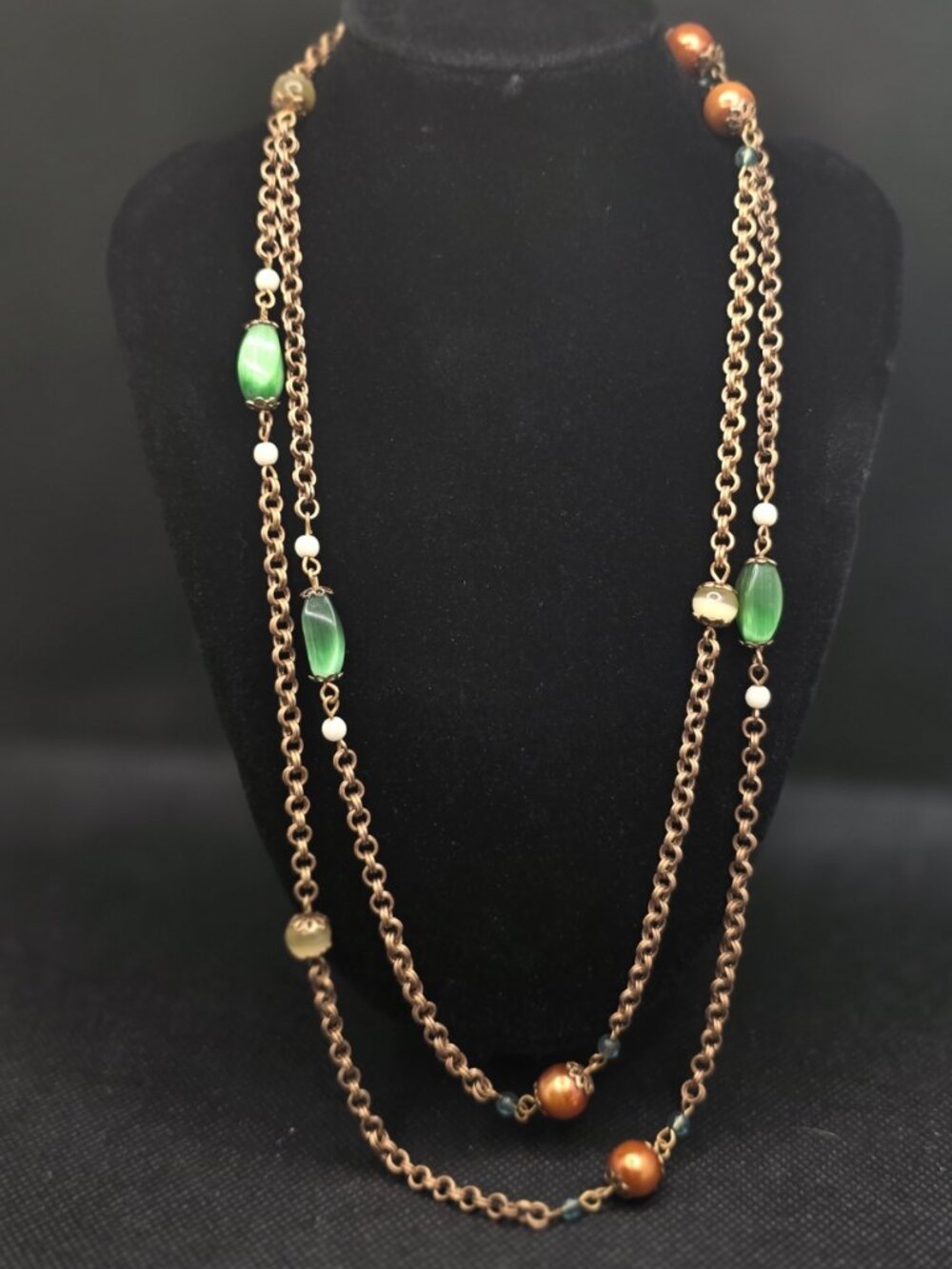 Vintage 42” Green Cat’s Eye Glass Bead Station Necklace Bronze Opera Length Long